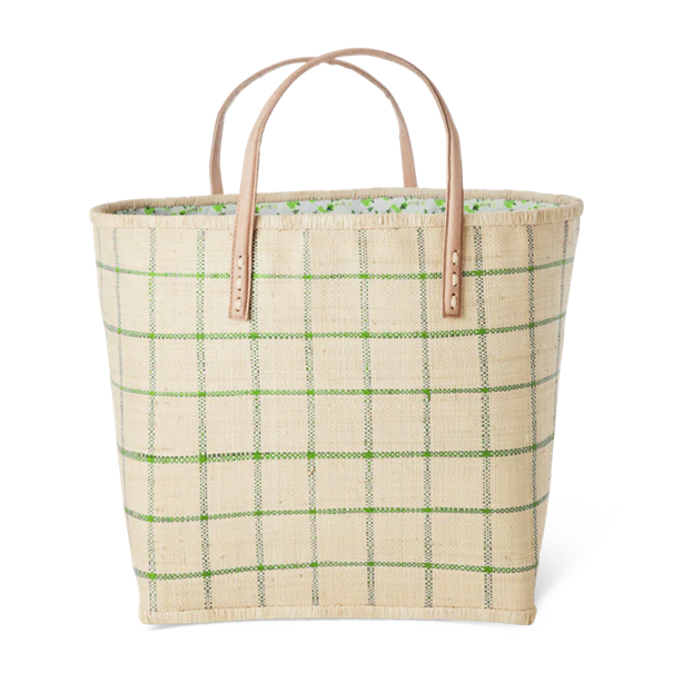 Raffia bag large natural green checks