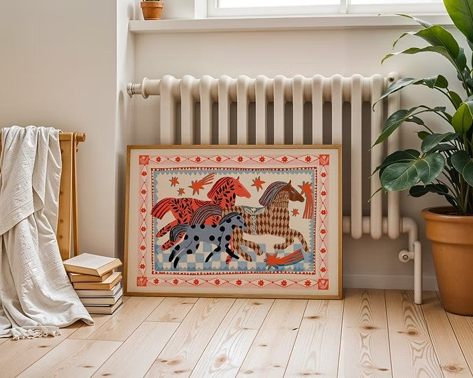 Pink Horse running art print inkl ramme