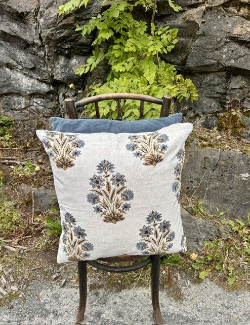 Putetrekk 100% lin blokktrykket mønster 50x50 cm natur, brun & blå