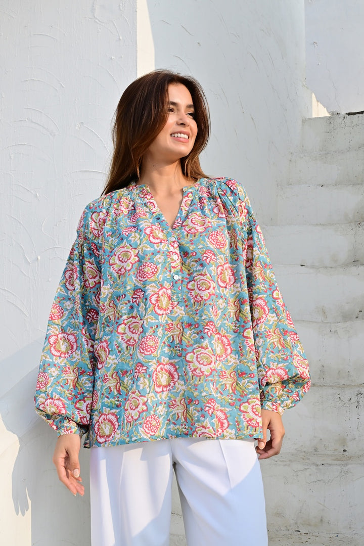 Opio bluse turquise/red
