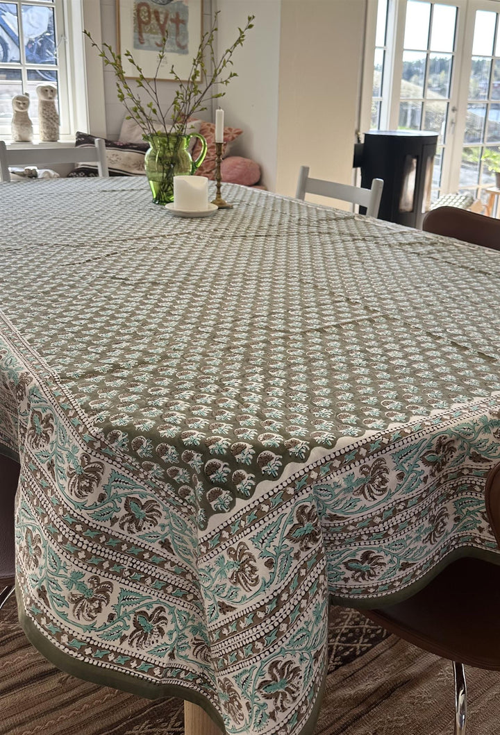 Duk Margot mosegrønn & turkis 150 x 250 cm blokktrykket