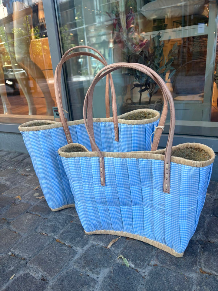 Raffia bag large check blue vichy