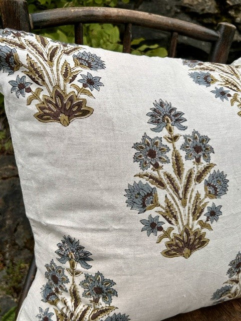 Putetrekk 100% lin blokktrykket mønster 50x50 cm natur, brun & blå