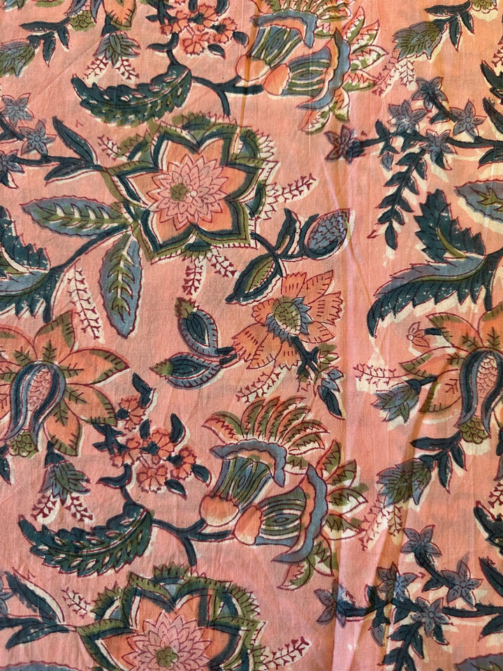 Blokktrykket stoff i metervare 10 meter lengde rosy