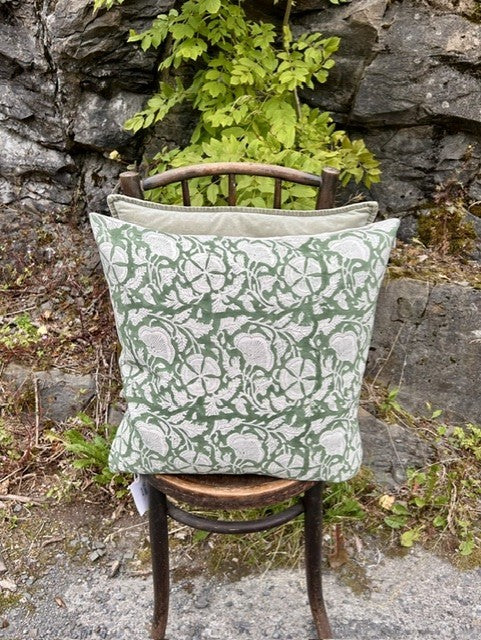 Putetrekk 100% lin blokktrykket mønster 50x50 cm natur & grønn