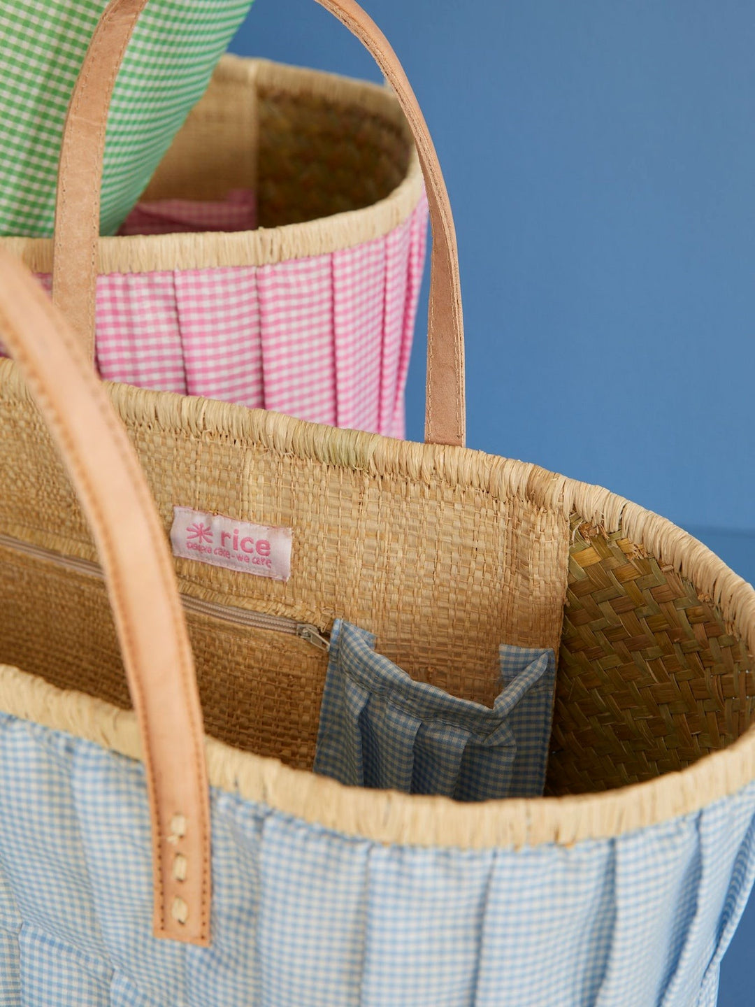 Raffia bag large check blue vichy