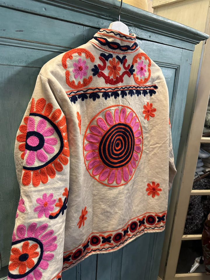 Anouska jakke velur med broderier off white neon pink