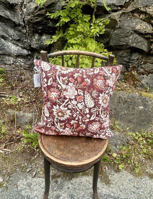 Putetrekk 100% lin blokktrykket mønster 50x50 cm natur & burgunder, korall & krem