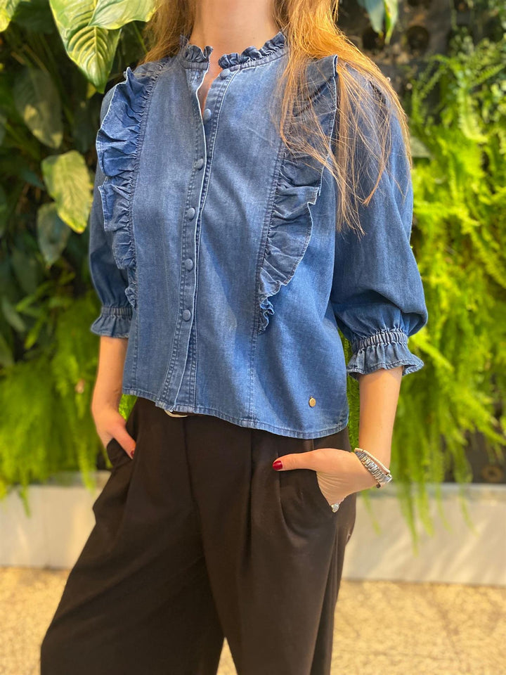 Denim bluse ruffle