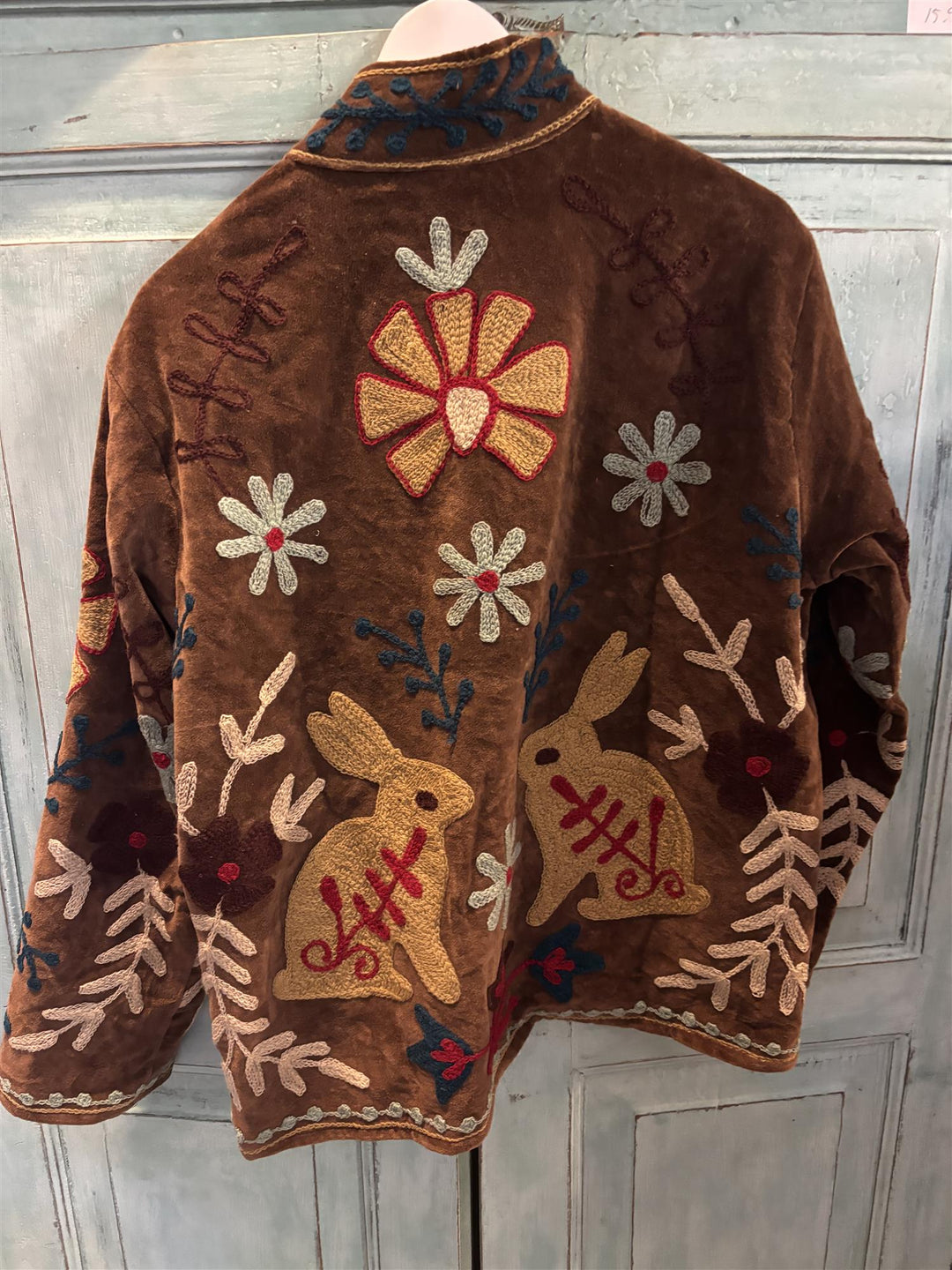 Anouska jakke velur med broderier chocolate/ blå blomster