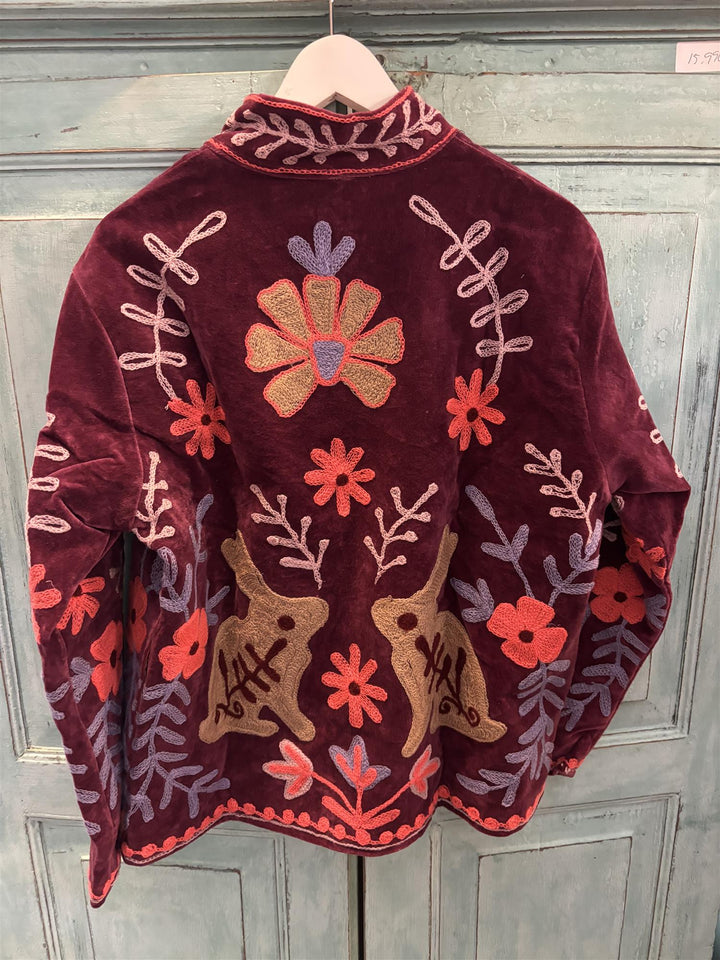 Anouska jakke velur med broderier burgunder/ rød blomster
