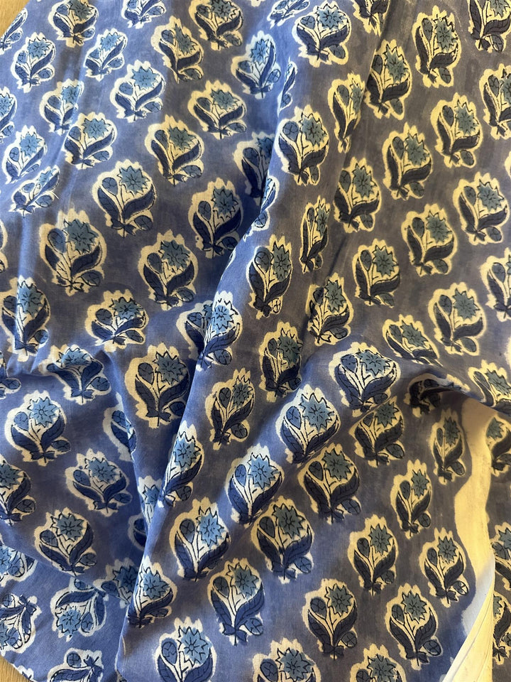 Blokktrykket stoff i metervare 10 meter lengde blue