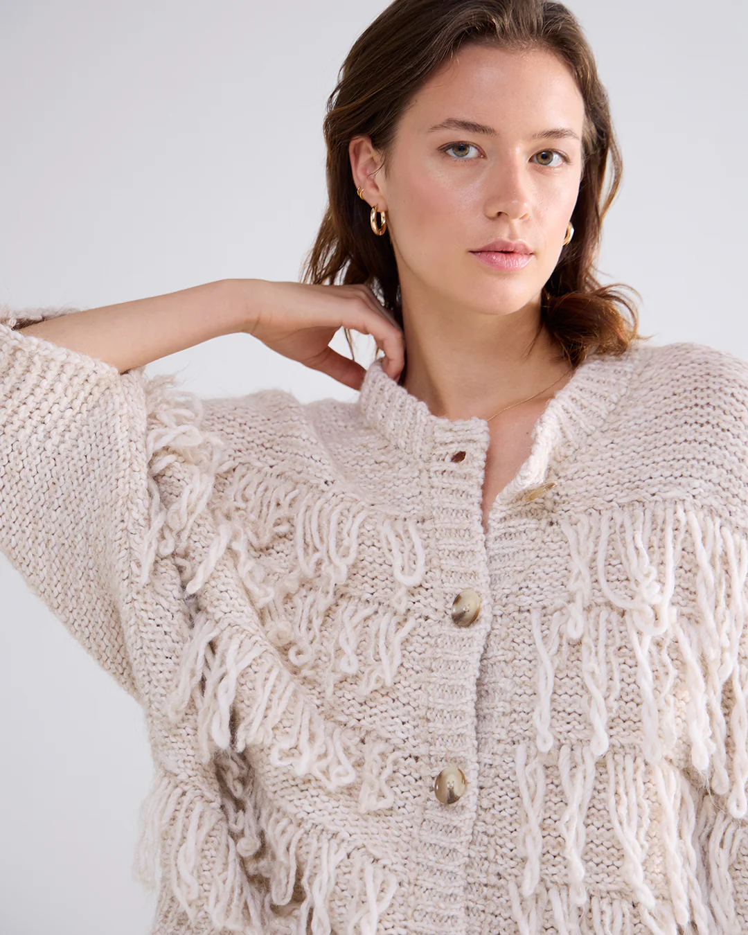 Cardigan 3/4 sleeve frynset ivory