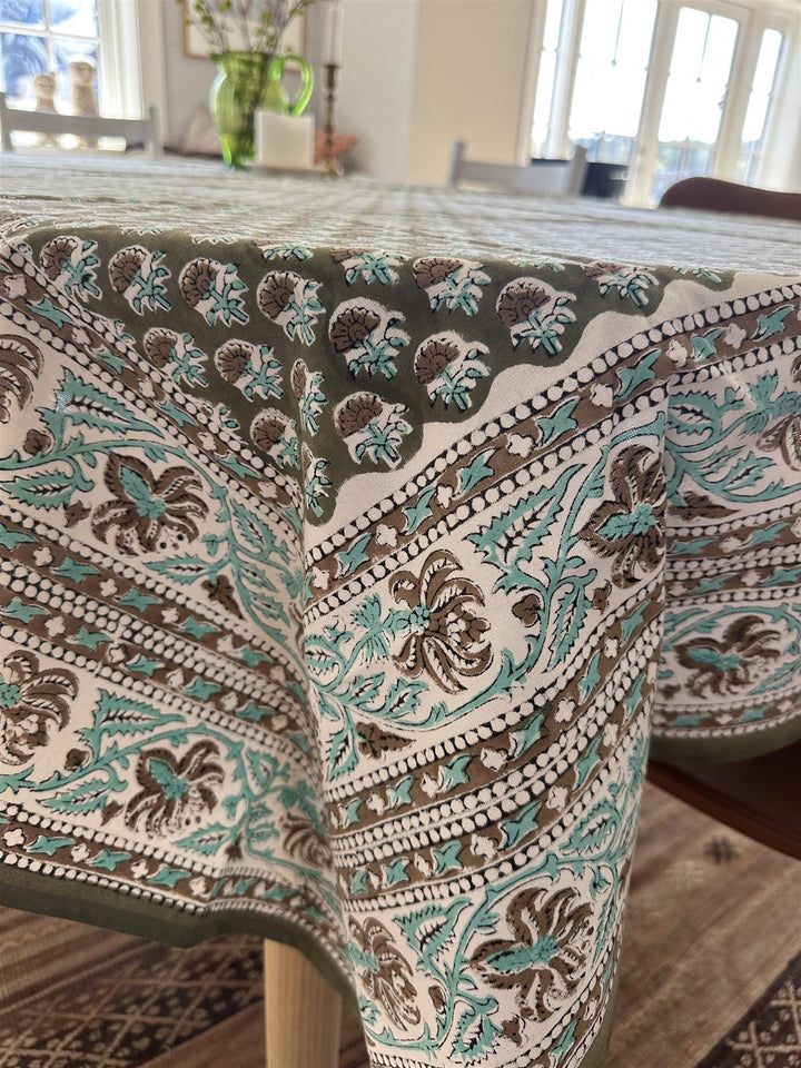 Duk Margot mosegrønn & turkis 150 x 250 cm blokktrykket