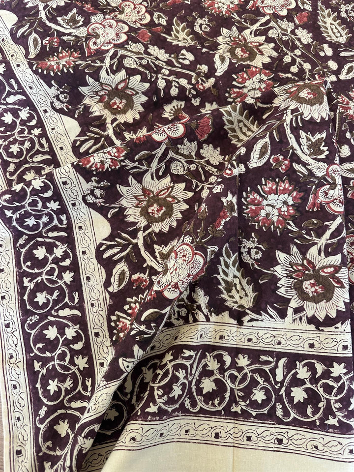 Duk 150 x 350 cm blokktrykket mønster burgunder, Korall & krem