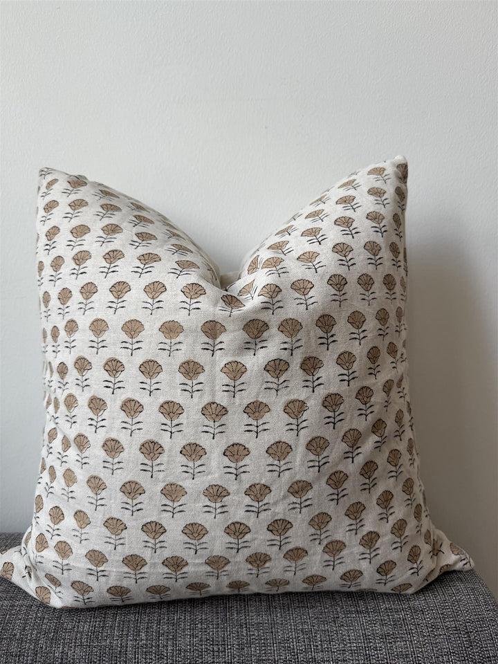 Putetrekk 100% lin blokktrykket mønster 50x50 cm natur, brun