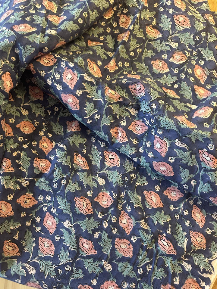 Blokktrykket stoff i metervare 10 meter lengde blue w/pink