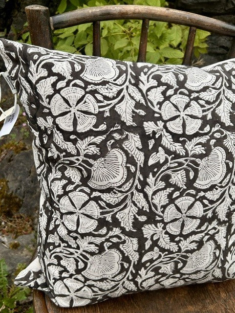 Putetrekk 100% lin blokktrykket mønster 50x50 cm natur & sort