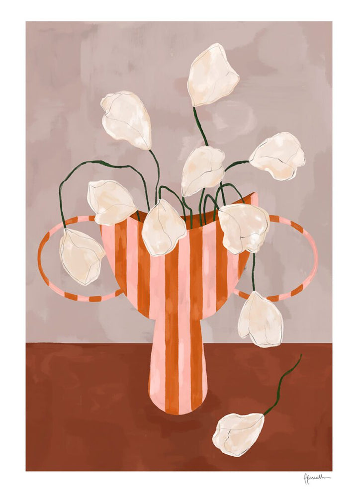 Frankie Penwill - White flowers in striped vase 50 x 70 cm