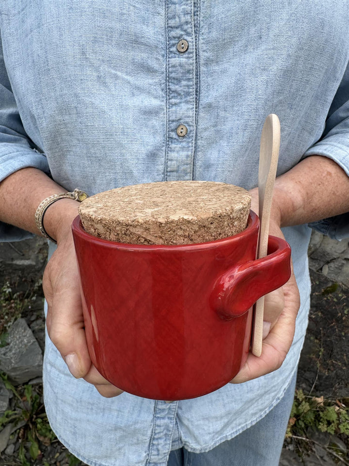 Krukke med lokk og skje rød