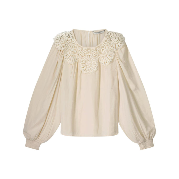 Bluse med blondekrage drapy satin ivory