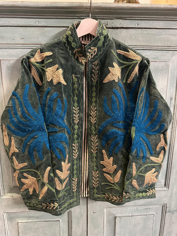 Anouska jakke velur med broderier teel green