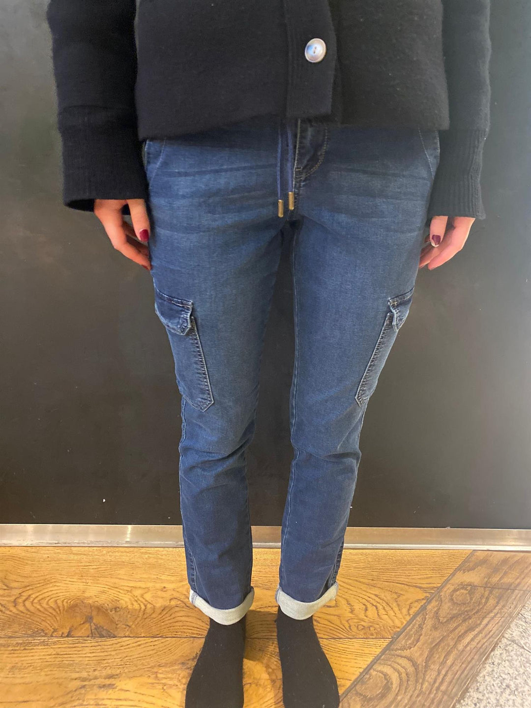 Cargo jog denim high rise dark stone