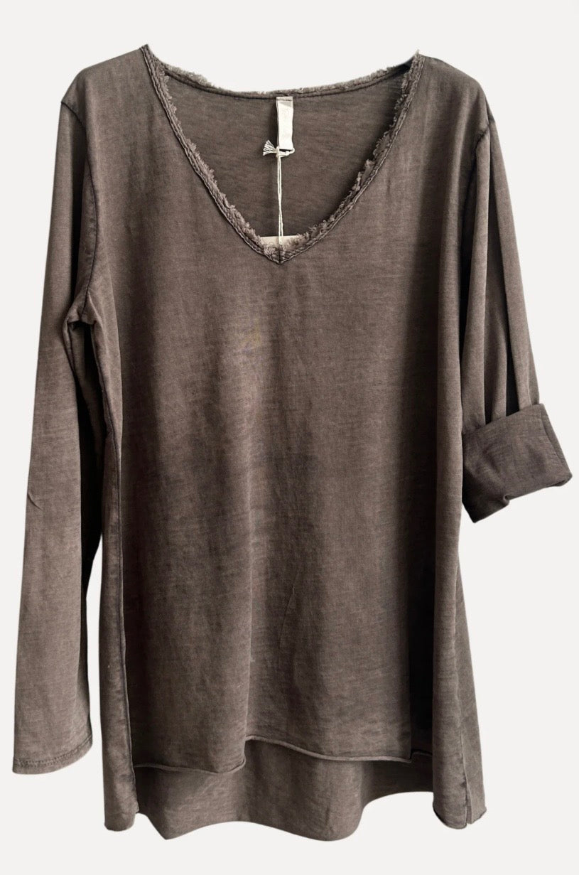 V-classic long sleeve washed Dark Brown