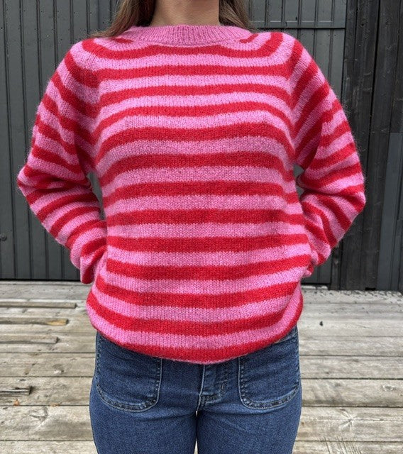 Rosas genser mohair stripet rosa og rød