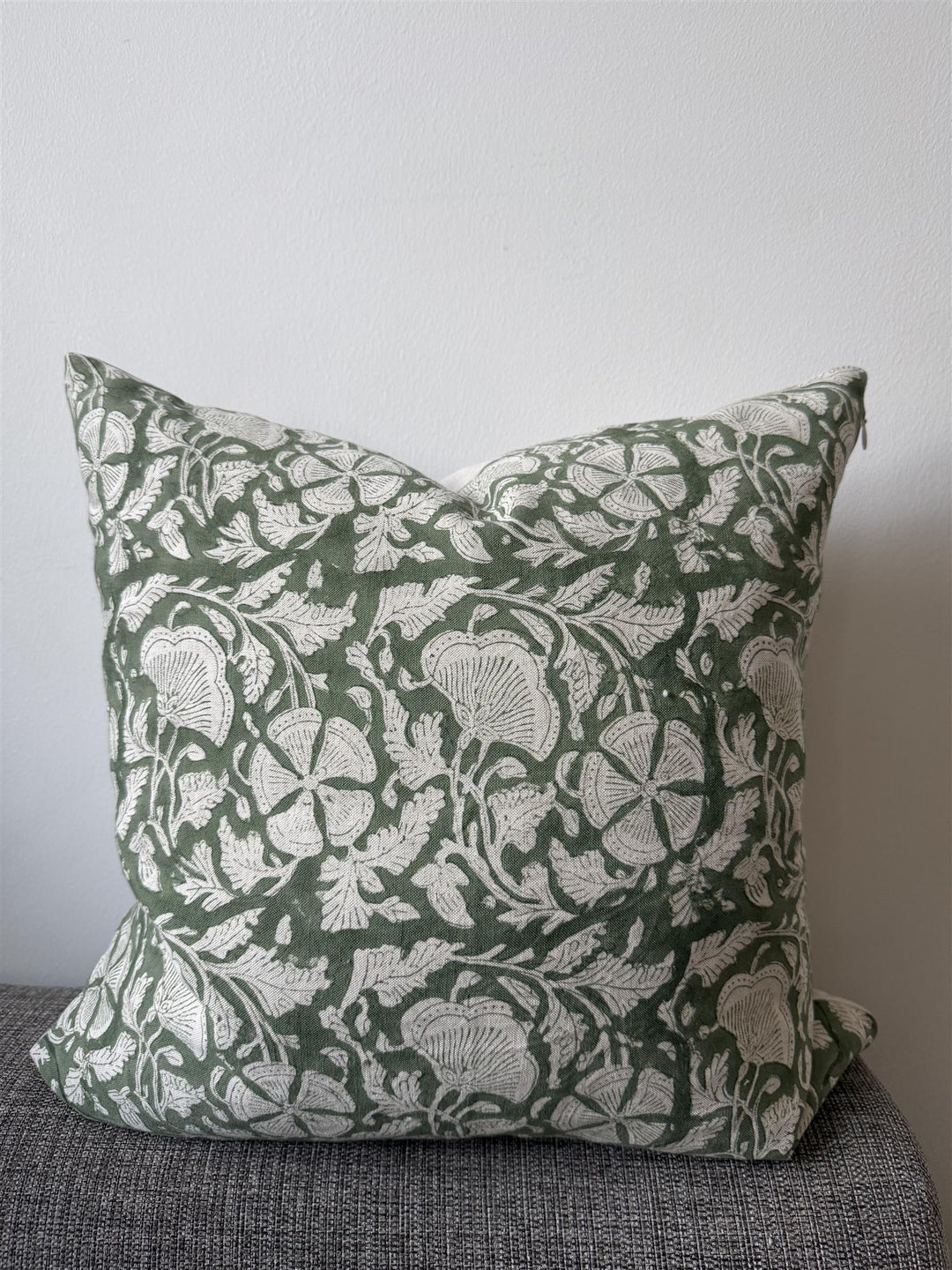 Putetrekk 100% lin blokktrykket mønster 50x50 cm natur & grønn