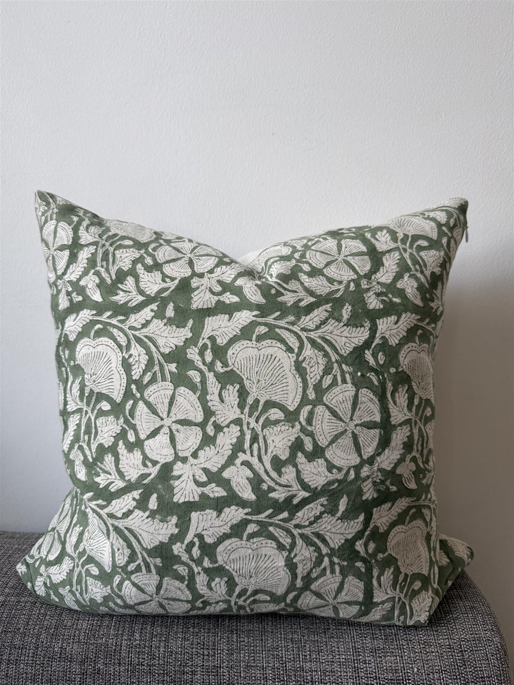 Putetrekk 100% lin blokktrykket mønster 50x50 cm natur & grønn