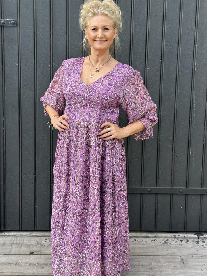 Lene lang kjole med lurex pink/purple