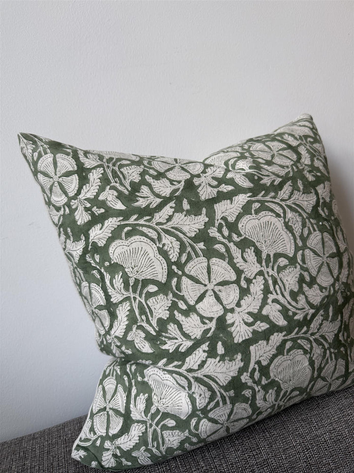 Putetrekk 100% lin blokktrykket mønster 50x50 cm natur & grønn