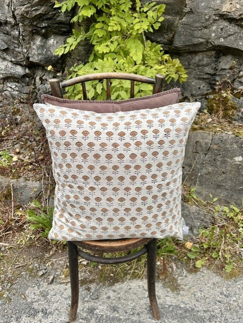 Putetrekk 100% lin blokktrykket mønster 50x50 cm natur, brun