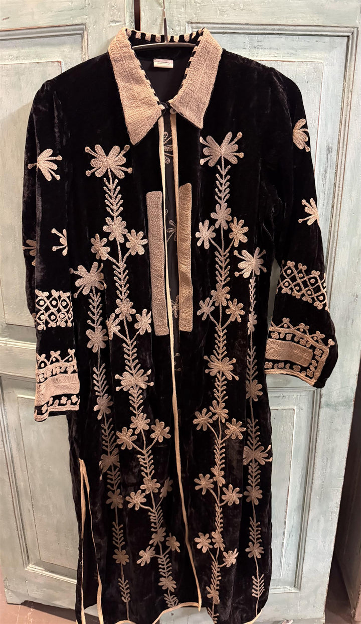 Velvet lang jakke med broderier midnattblå