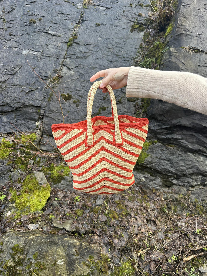 Cavone stripet raffia bag natural/korall