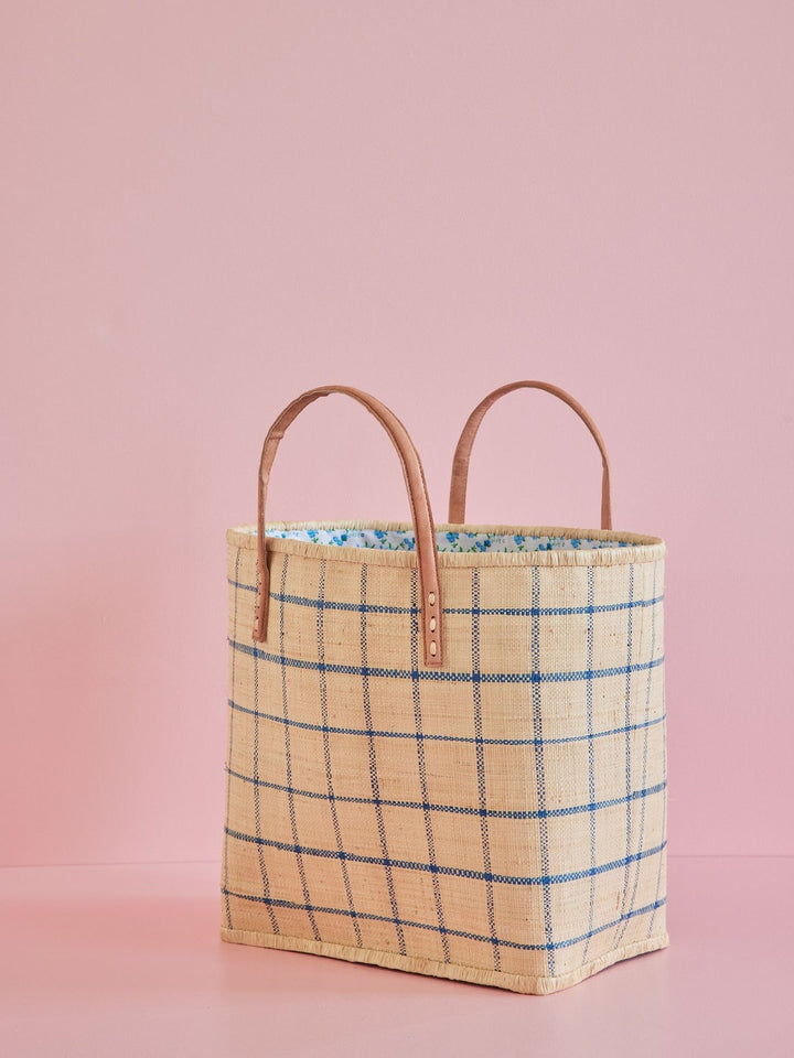 Raffia bag large natural navy blue checks