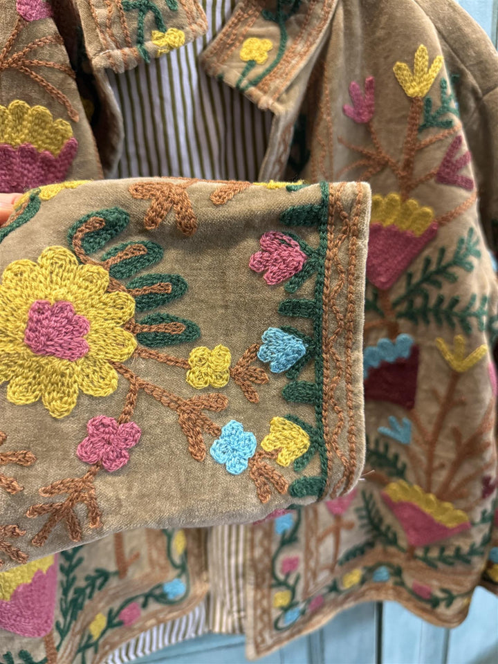 Anouska jakke velur med broderier moss green