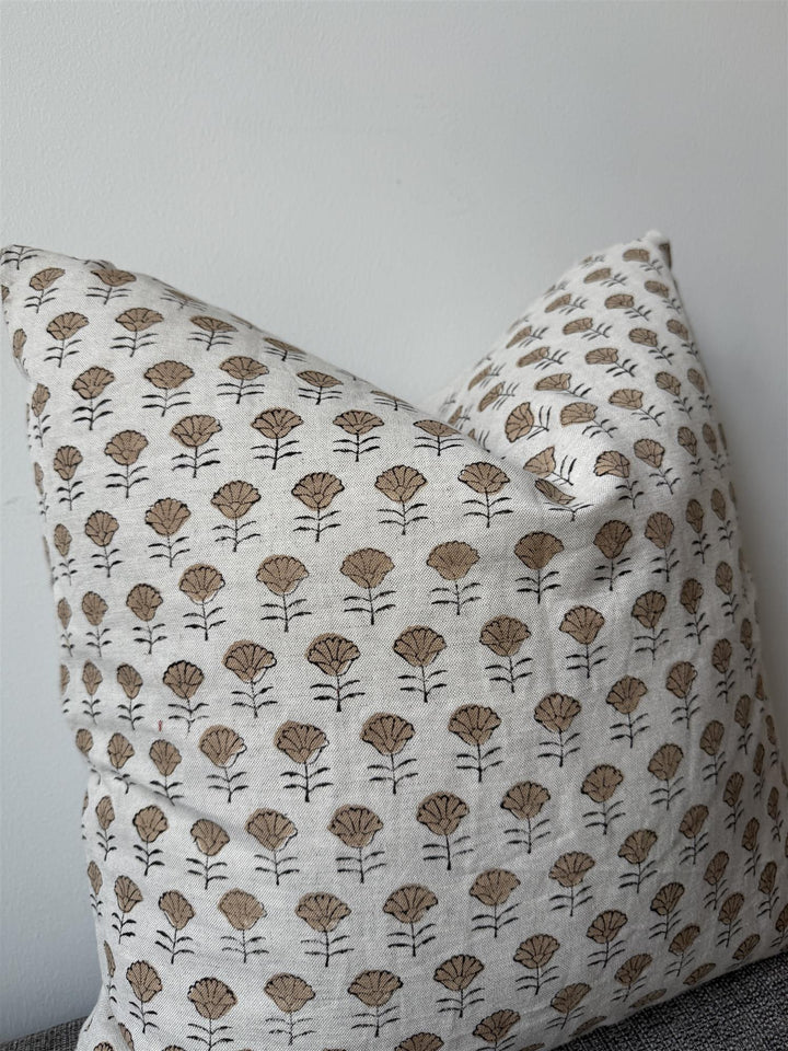 Putetrekk 100% lin blokktrykket mønster 50x50 cm natur, brun