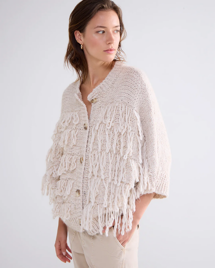 Cardigan 3/4 sleeve frynset ivory