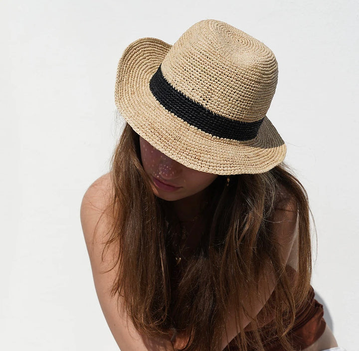 Viviani raffia hatt sort stripet