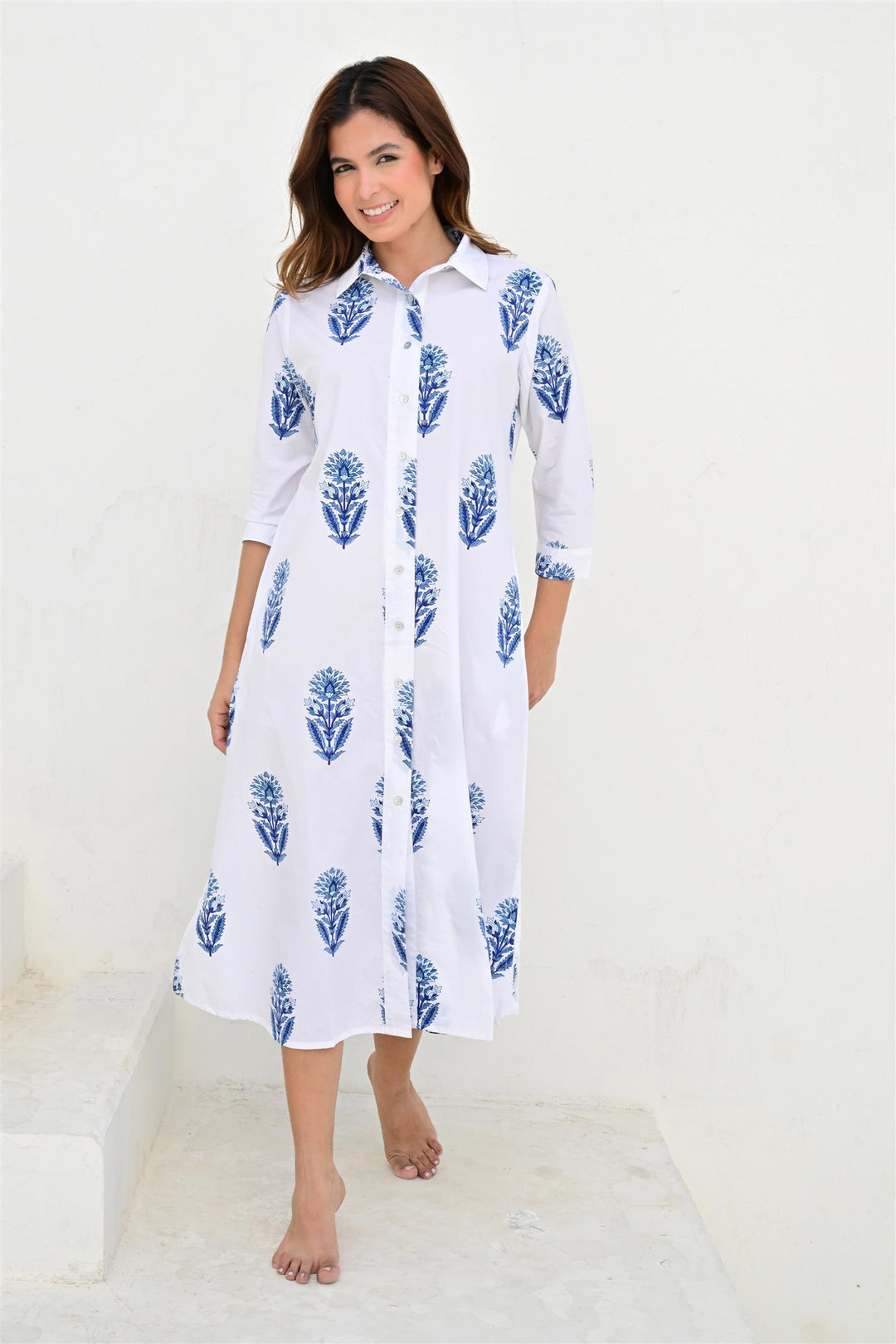 Bayonne skjortekjole lang poplin white/blue