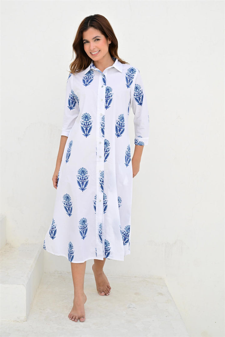 Bayonne skjortekjole lang poplin white/blue