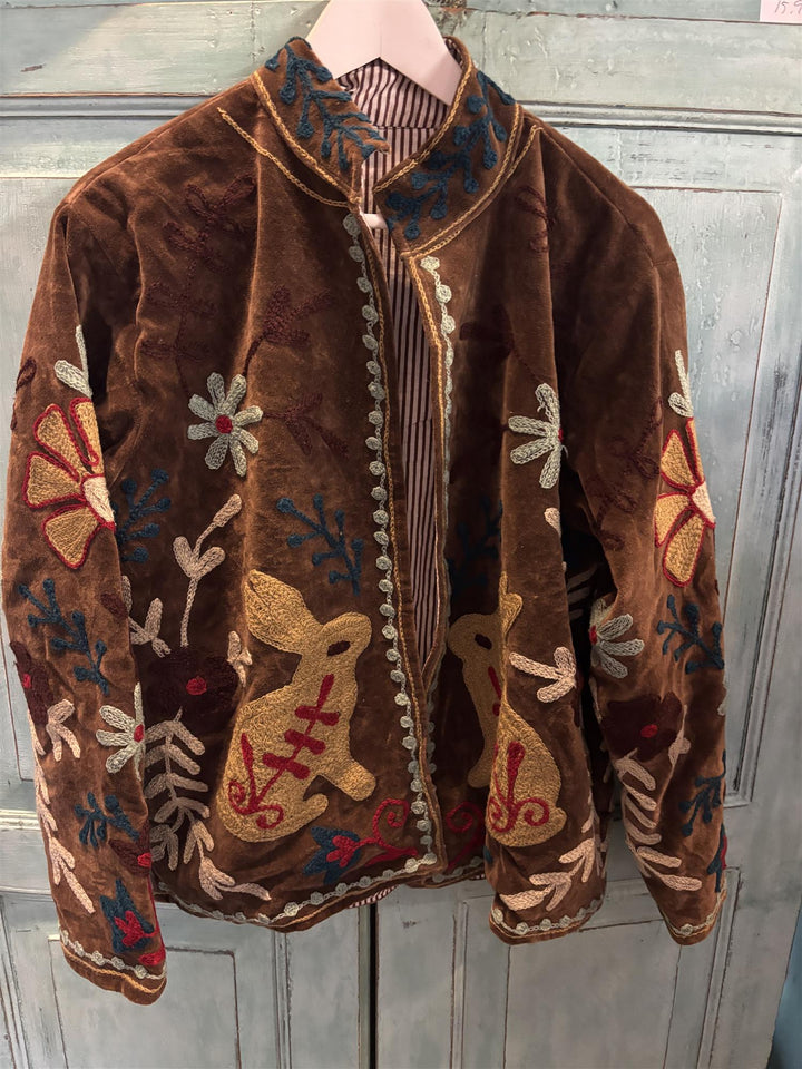 Anouska jakke velur med broderier chocolate/ blå blomster