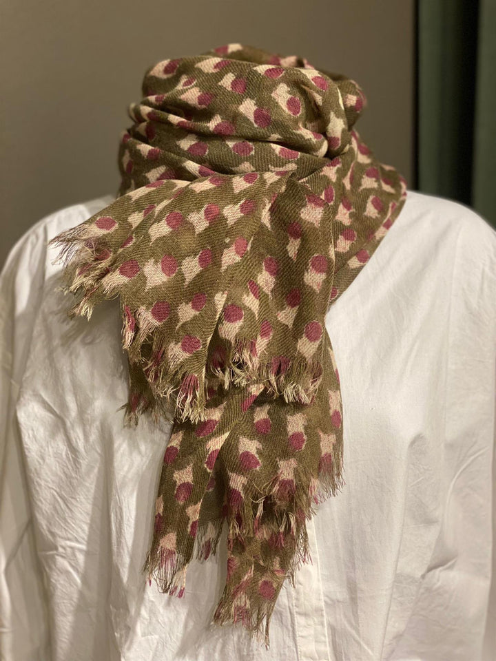 Skjerf blokk print oliven & pink