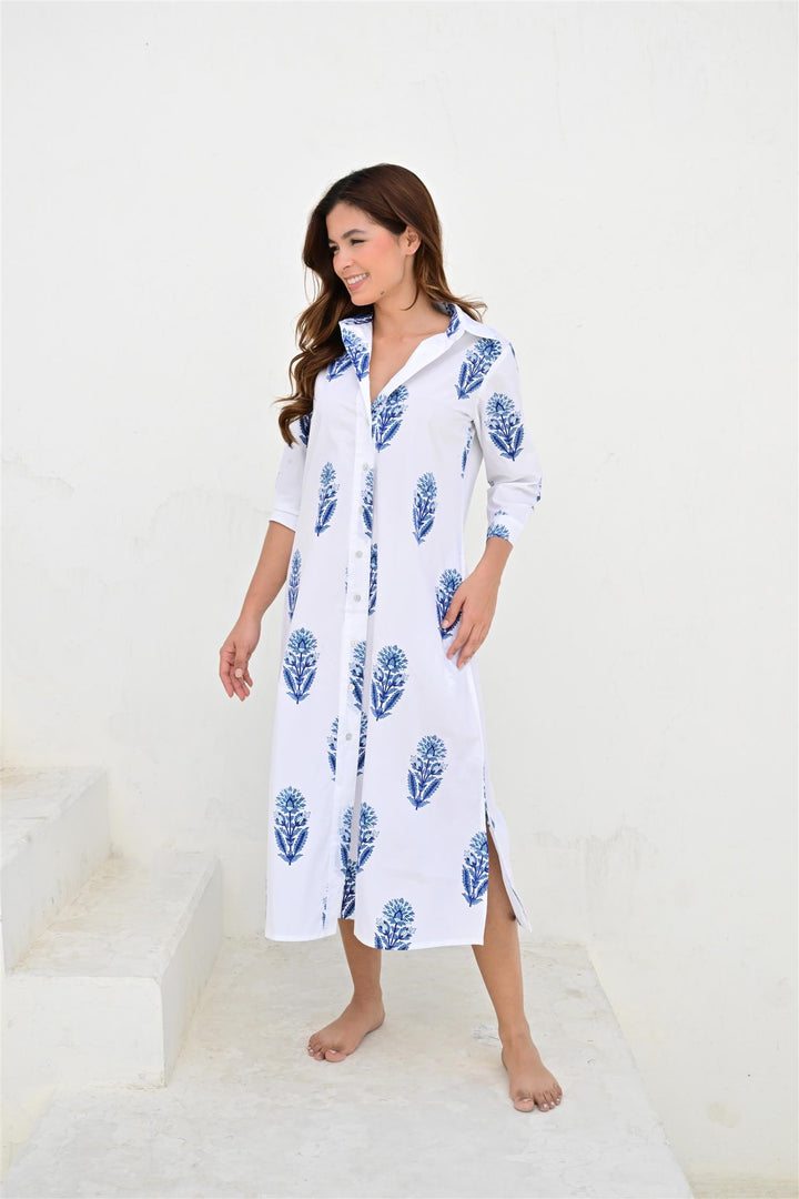 Bayonne skjortekjole lang poplin white/blue