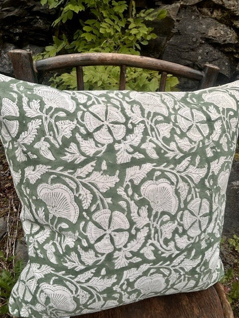Putetrekk 100% lin blokktrykket mønster 50x50 cm natur & grønn