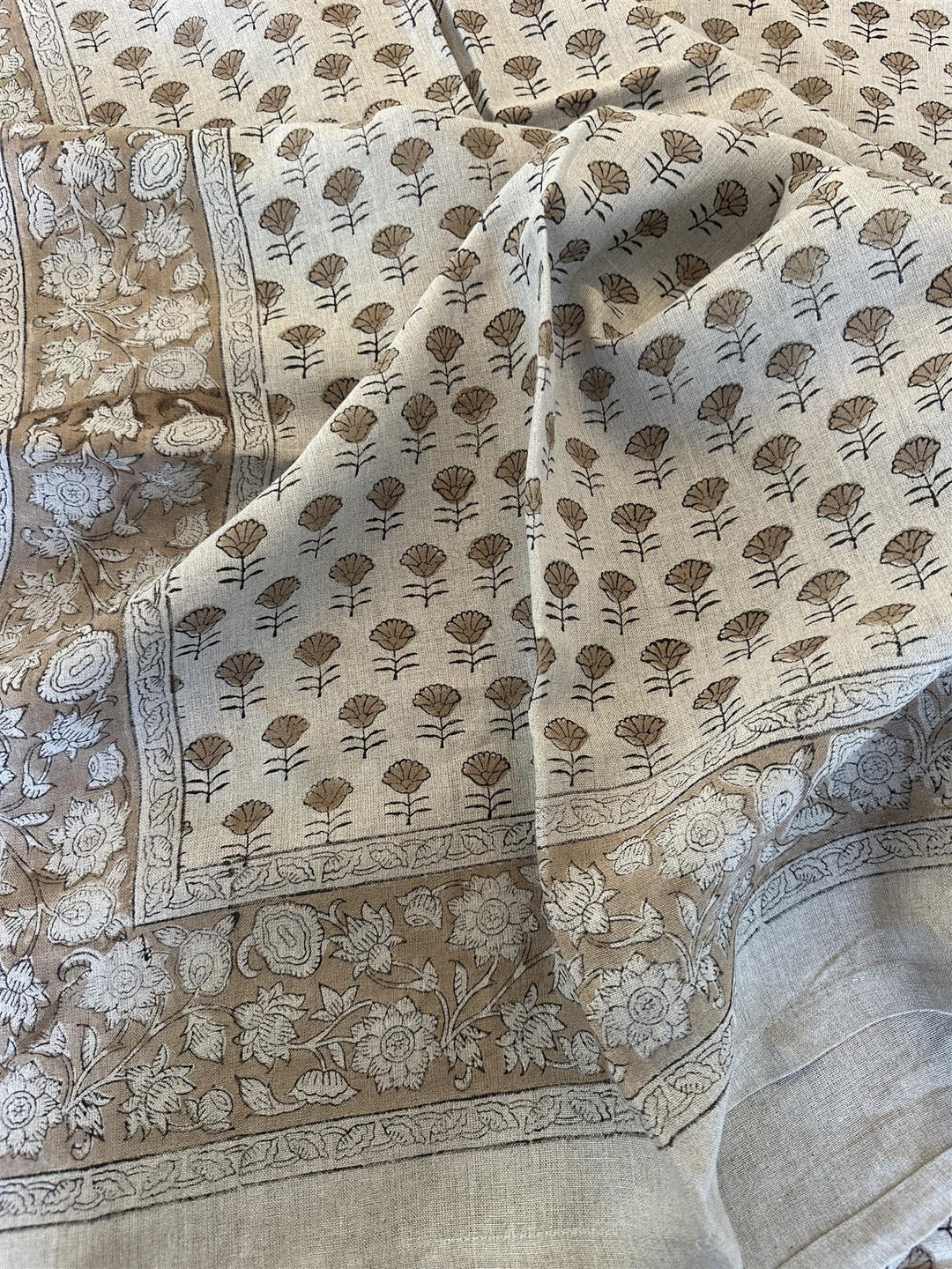 Duk 100% lin blokktrykket mønster 150x350 cm natur & brun