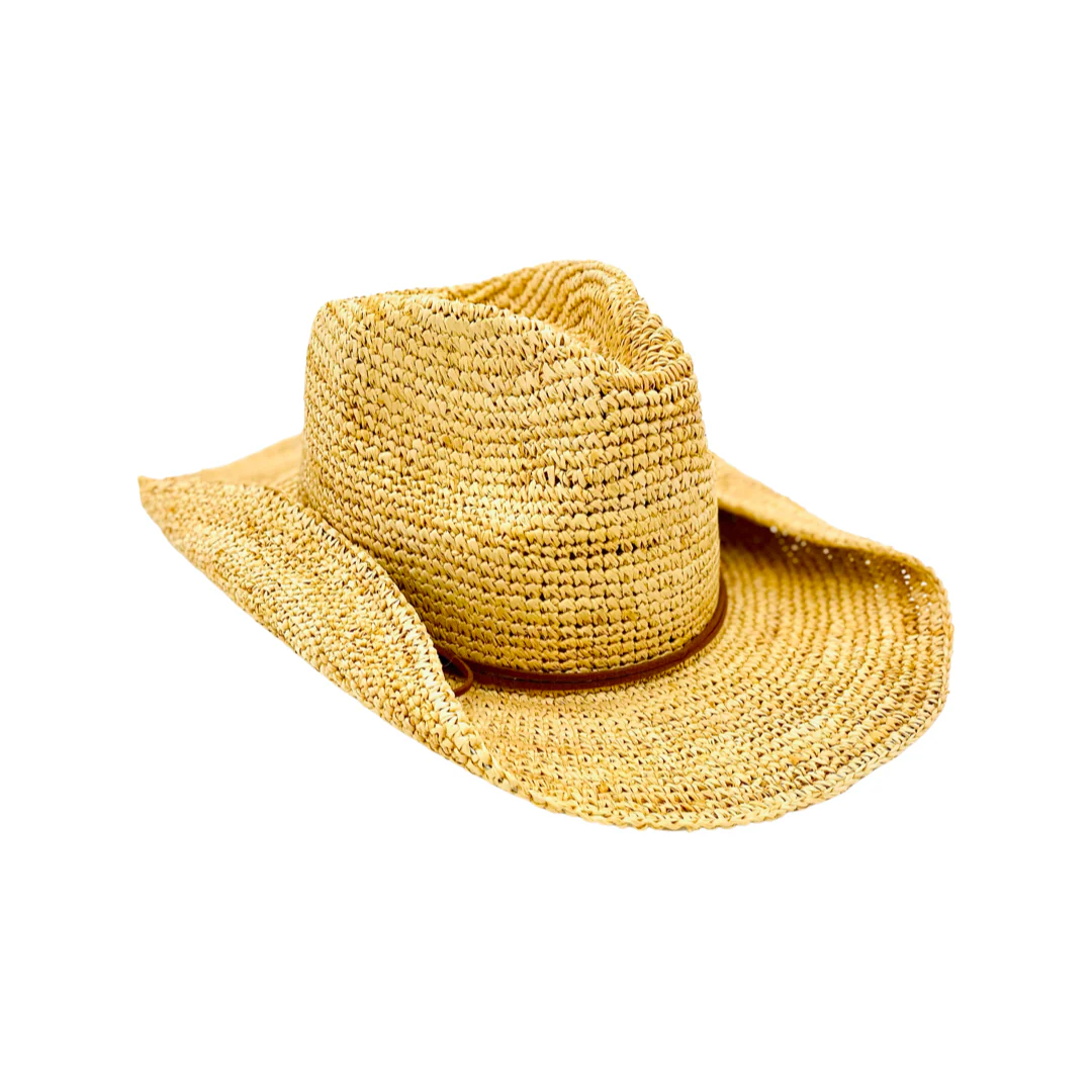Cowboy hat raffia natur med brunt skinnbånd