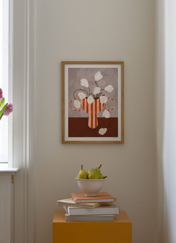 Frankie Penwill - White flowers in striped vase 50 x 70 cm